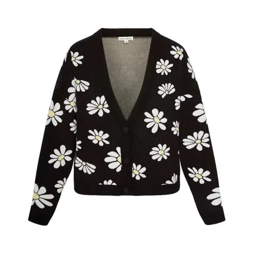 For Love & Lemons Black Daisy Print Sweater Button Oversized Cardigan NEW Large